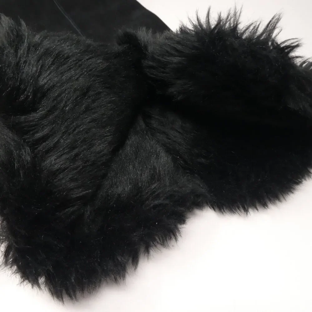 Lands End Black Suede Faux Fur Lined Wedge Heel Tall Winter Boots Womens 10